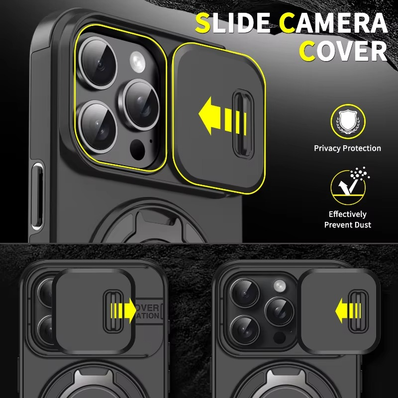 Luxury iPhone Case — Heavy-Duty Rugged Magnetic Bracket Armor with Slide Camera Protection, PC+TPU Shockproof Design, Anti-Fingerprint, Non-Slip
