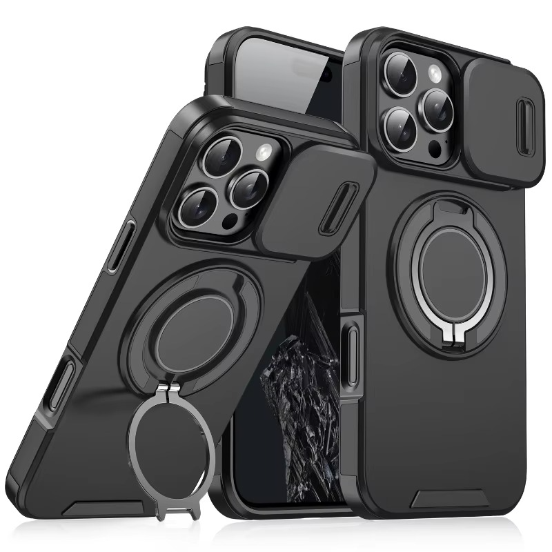 Luxury iPhone Case — Heavy-Duty Rugged Magnetic Bracket Armor with Slide Camera Protection, PC+TPU Shockproof Design, Anti-Fingerprint, Non-Slip