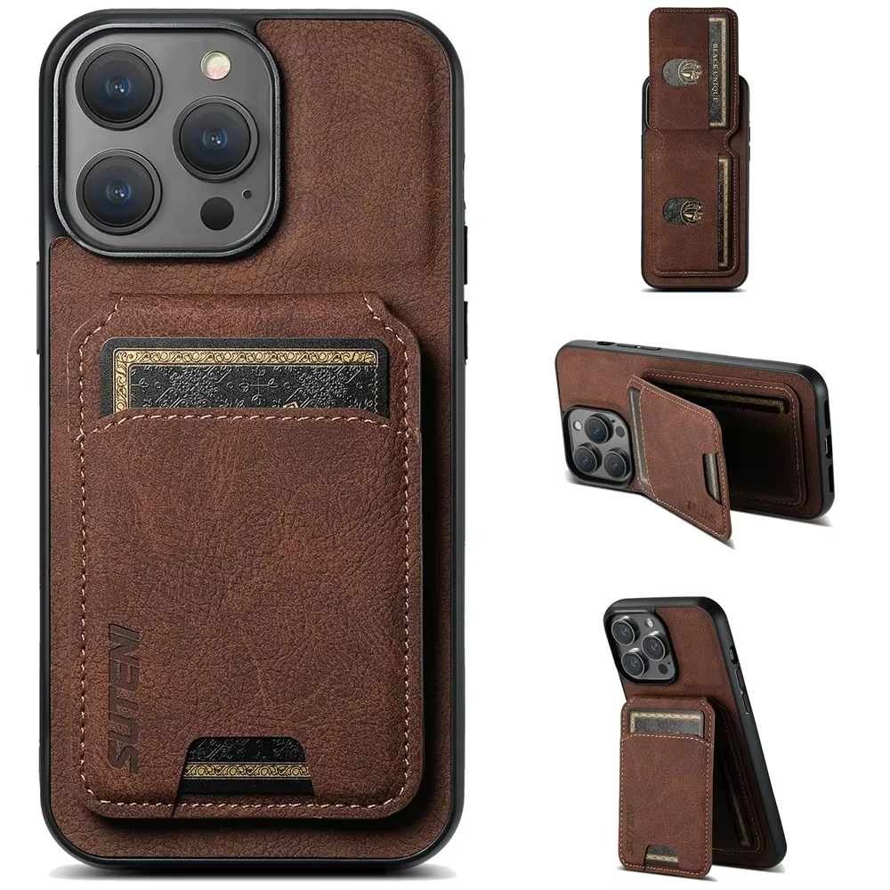 Luxury iPhone Case — Leather Wallet Magnetic Card Holder Pocket Cover, Anti-Scratch, Non-Slip, Full Protection, Plain Design