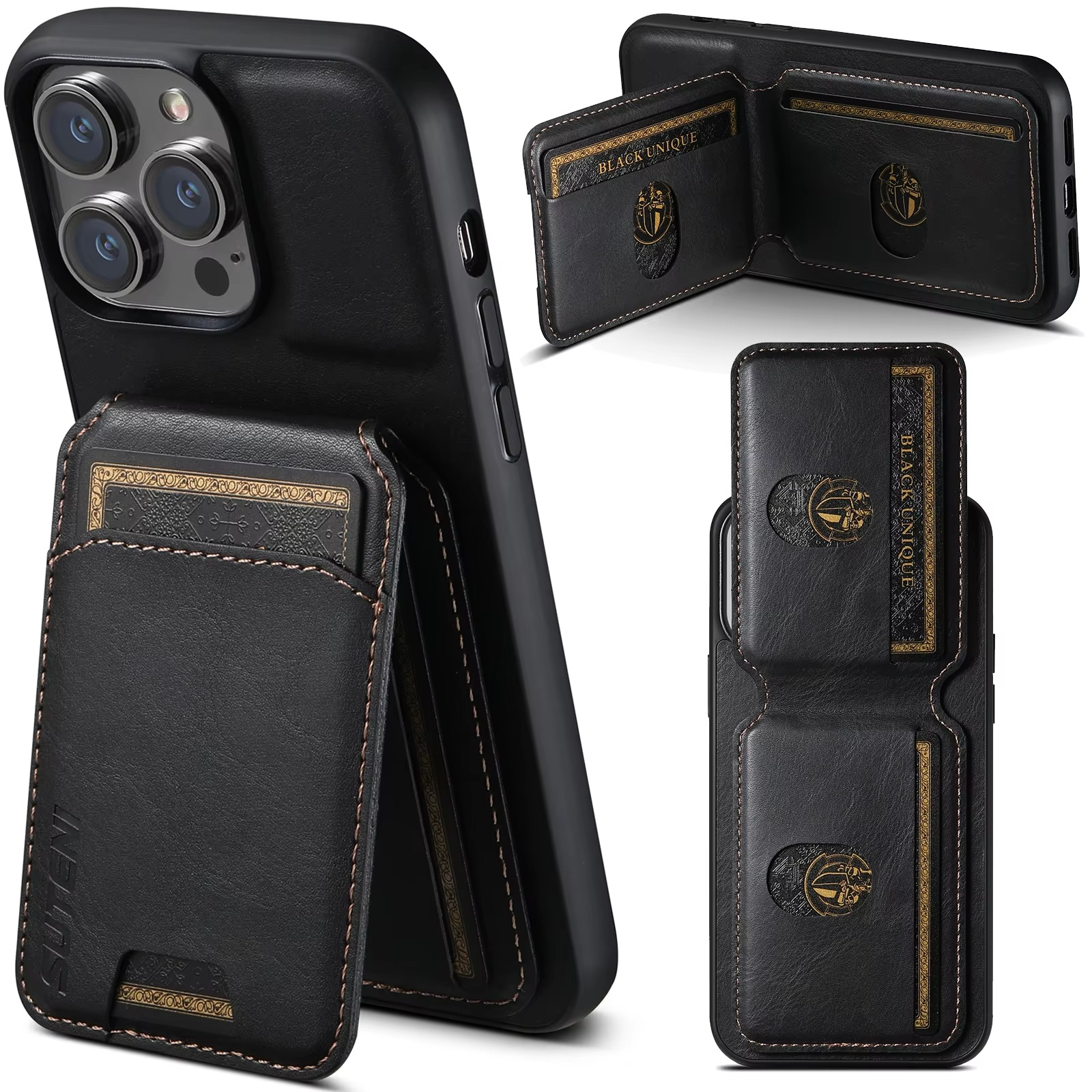 Luxury iPhone Case — Leather Wallet Magnetic Card Holder Pocket Cover, Anti-Scratch, Non-Slip, Full Protection, Plain Design
