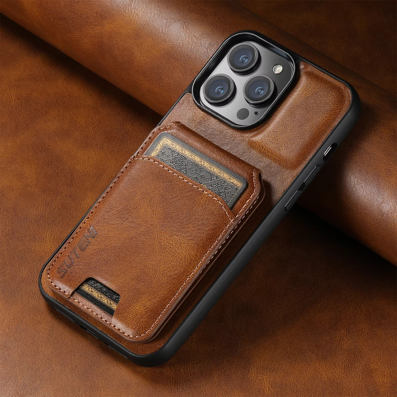 Luxury iPhone Case — Leather Wallet Magnetic Card Holder Pocket Cover, Anti-Scratch, Non-Slip, Full Protection, Plain Design