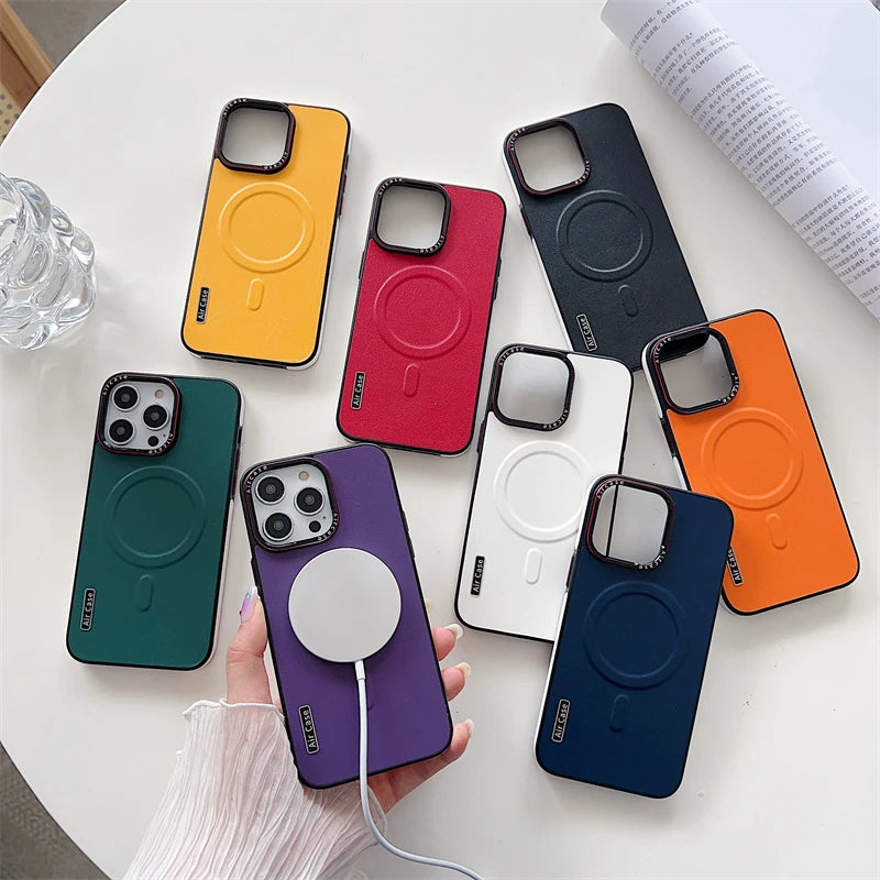 Luxury iPhone Case — MagSafe Compatible Leather Half-Wrapped Magnetic Shockproof Cover with Lens Protection, Anti-Fingerprint, Dustproof, Lightweight Non-Slip Design