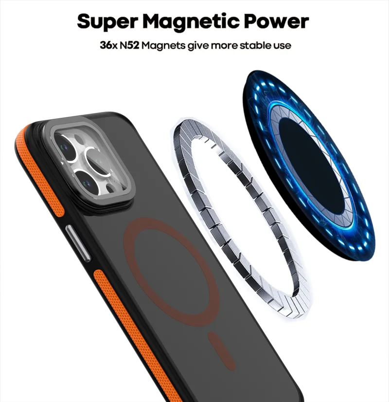 Luxury iPhone Case — MagSafe Matte Clear Magnetic TPU+PC Cover with Glass Lens Camera Protection and Built-In Stand