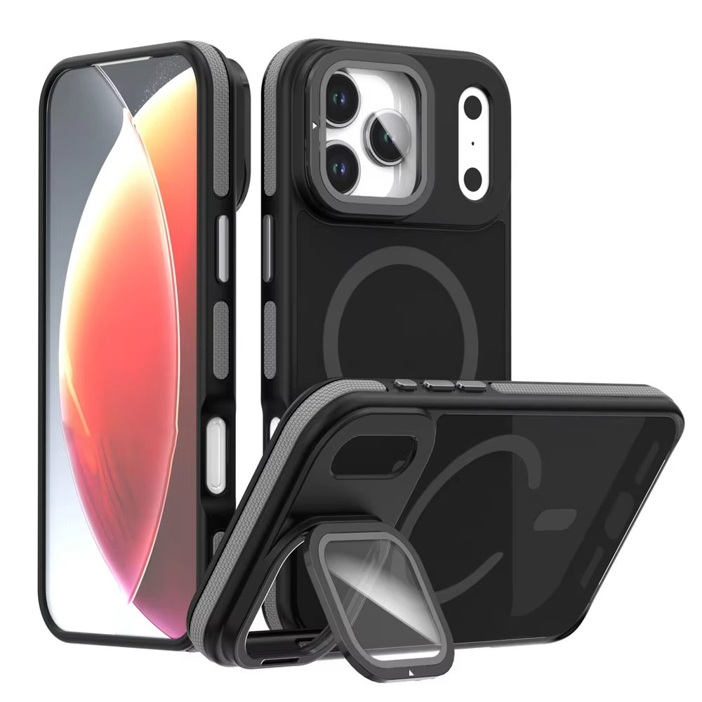 Luxury iPhone Case — MagSafe Matte Clear Magnetic TPU+PC Cover with Glass Lens Camera Protection and Built-In Stand