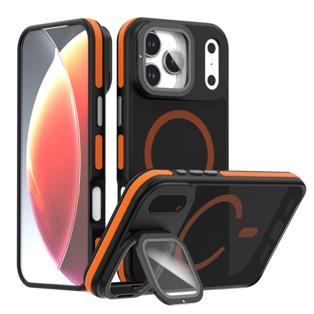 Luxury iPhone Case — MagSafe Matte Clear Magnetic TPU+PC Cover with Glass Lens Camera Protection and Built-In Stand