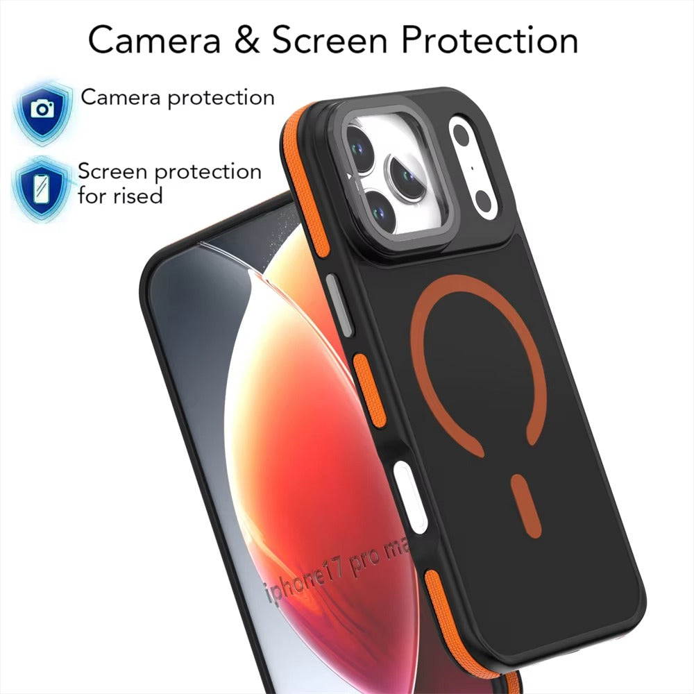 Luxury iPhone Case — MagSafe Matte Clear Magnetic TPU+PC Cover with Glass Lens Camera Protection and Built-In Stand