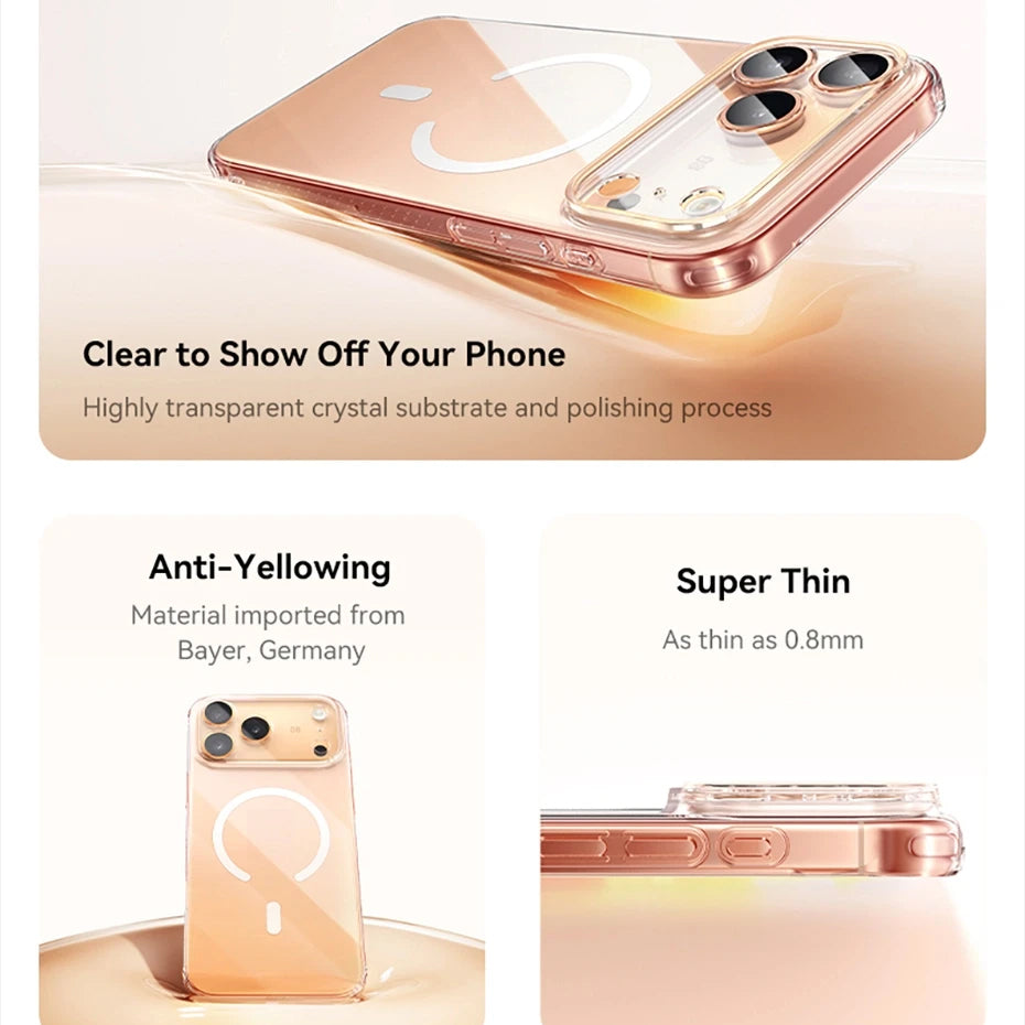 Luxury iPhone Case — Magnetic MagSafe Clear PC+TPU Wireless-Charging Cover, Shockproof, Anti-Fingerprint, Half-Wrapped Protection