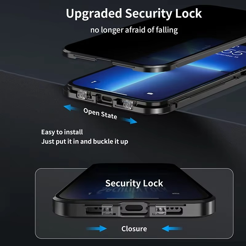 Luxury iPhone Case — Metal Magnetic Privacy Tempered Glass Cover with 360° Shockproof Full Coverage, Anti-Scratch, Non-Slip, Lightweight Design