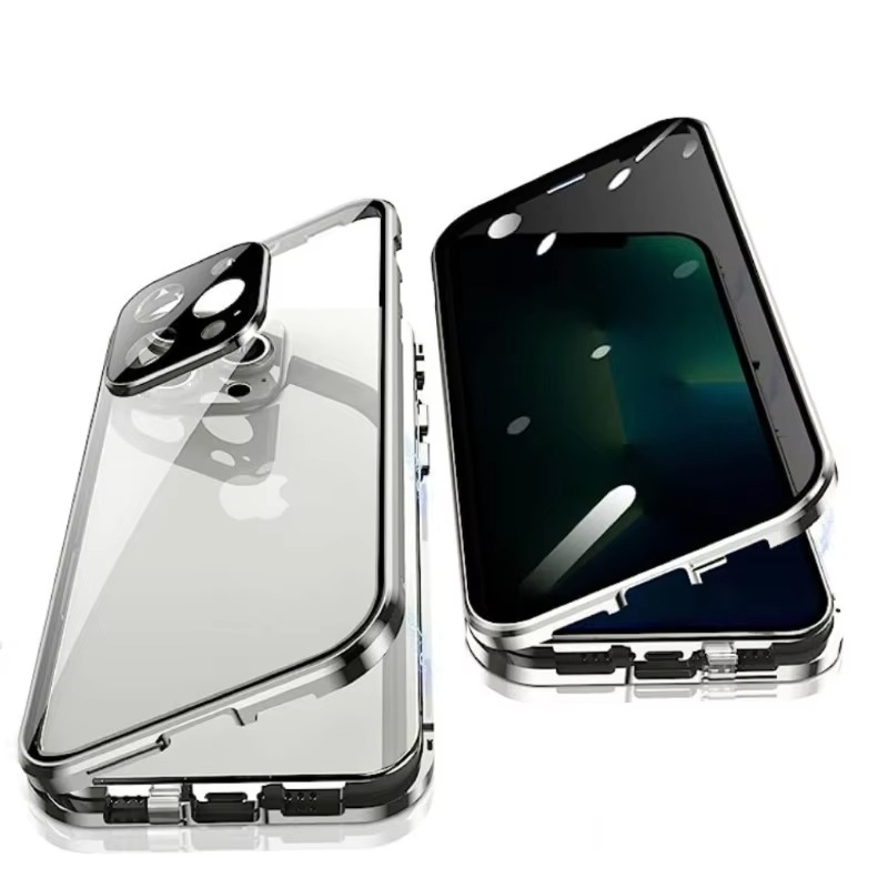 Luxury iPhone Case — Metal Magnetic Privacy Tempered Glass Cover with 360° Shockproof Full Coverage, Anti-Scratch, Non-Slip, Lightweight Design