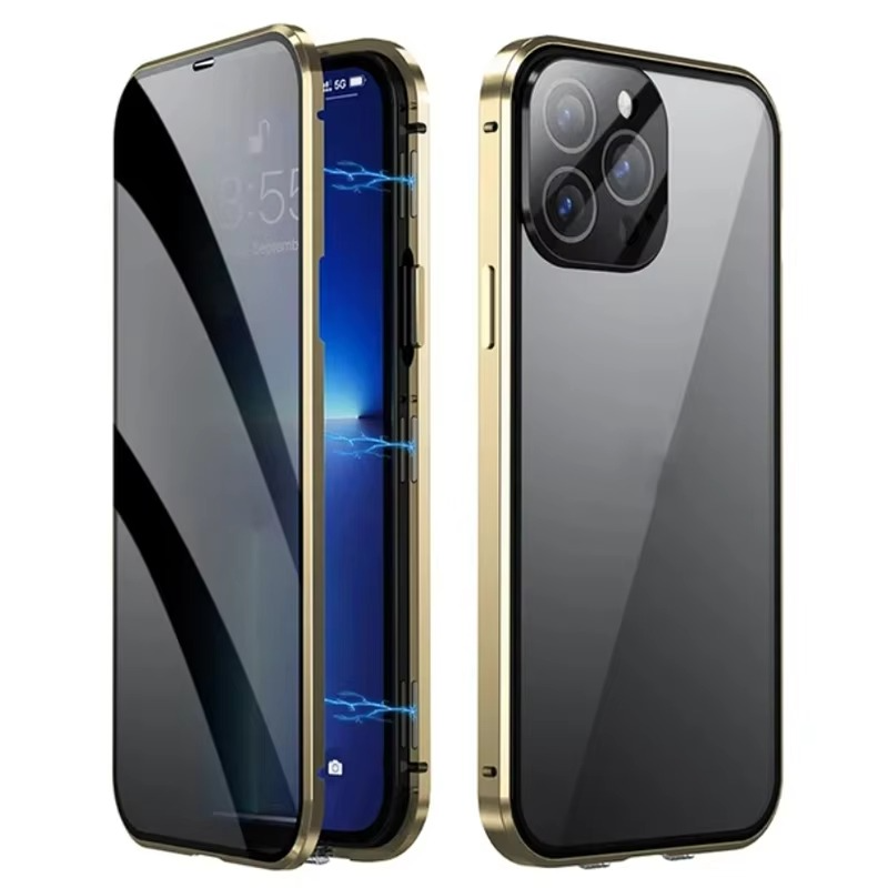 Luxury iPhone Case — Metal Magnetic Privacy Tempered Glass Cover with 360° Shockproof Full Coverage, Anti-Scratch, Non-Slip, Lightweight Design