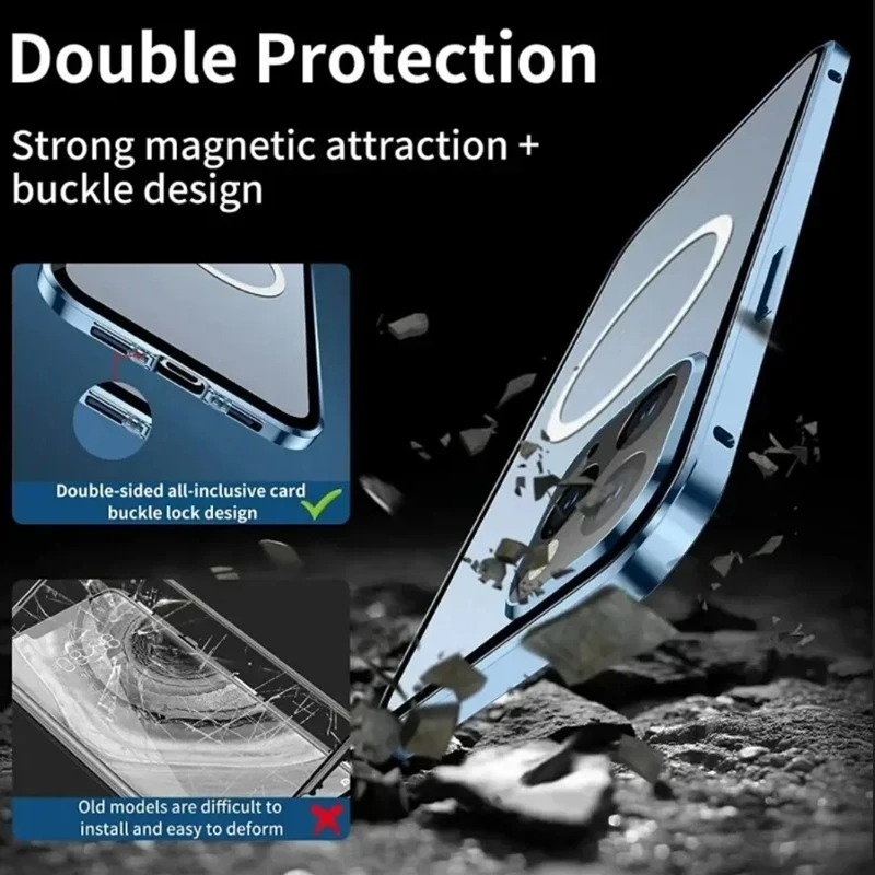 Luxury iPhone Case — Metal Magnetic Privacy Tempered Glass Cover with 360° Shockproof Full Coverage, Anti-Scratch, Non-Slip, Lightweight Design