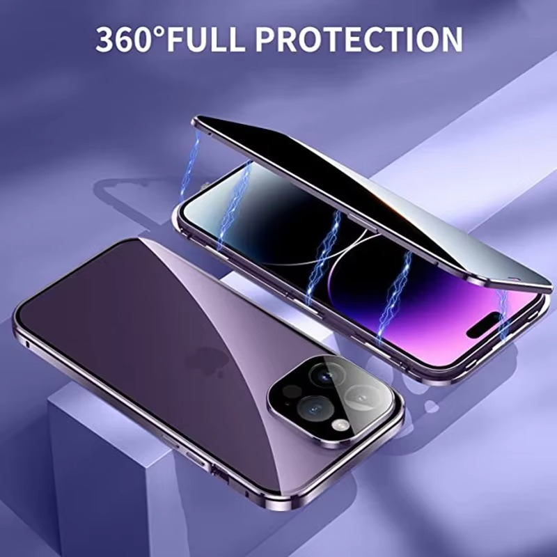 Luxury iPhone Case — Metal Magnetic Privacy Tempered Glass Cover with 360° Shockproof Full Coverage, Anti-Scratch, Non-Slip, Lightweight Design
