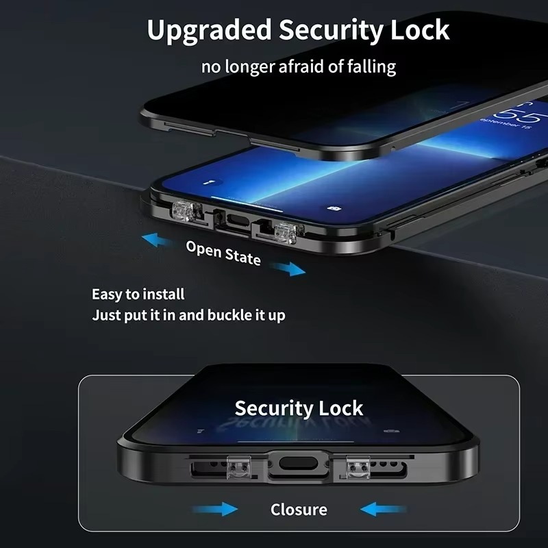Luxury iPhone Case — Metal Magnetic Privacy Tempered Glass Cover with 360° Shockproof Full Coverage, Anti-Scratch, Non-Slip, Lightweight Design