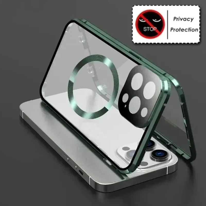 Luxury iPhone Case — Metal Magnetic Privacy Tempered Glass Cover with 360° Shockproof Full Coverage, Anti-Scratch, Non-Slip, Lightweight Design