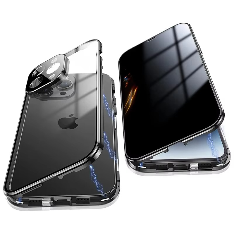 Luxury iPhone Case — Metal Magnetic Privacy Tempered Glass Cover with 360° Shockproof Full Coverage, Anti-Scratch, Non-Slip, Lightweight Design