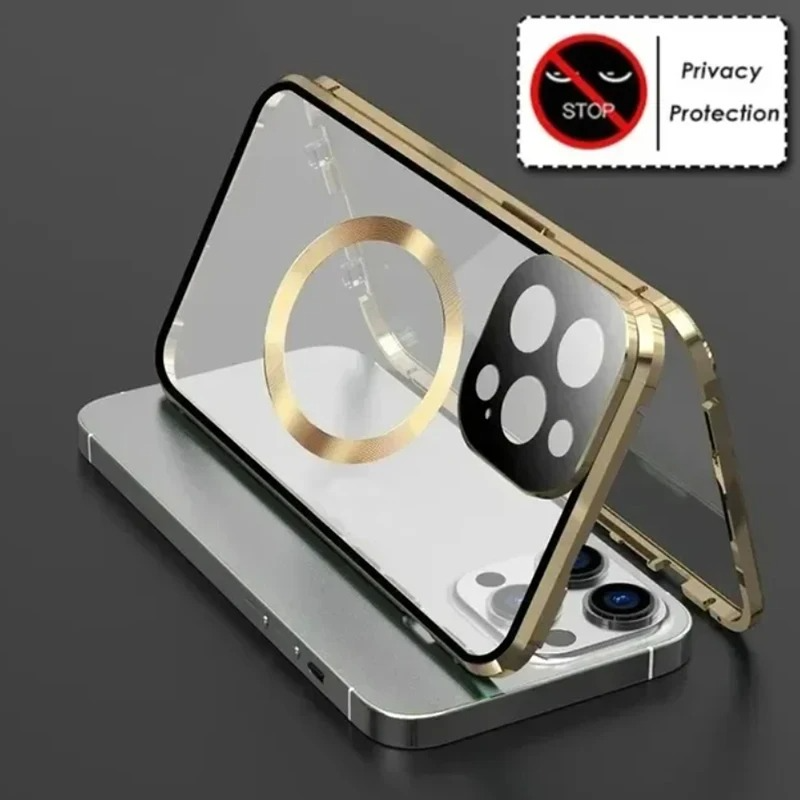 Luxury iPhone Case — Metal Magnetic Privacy Tempered Glass Cover with 360° Shockproof Full Coverage, Anti-Scratch, Non-Slip, Lightweight Design