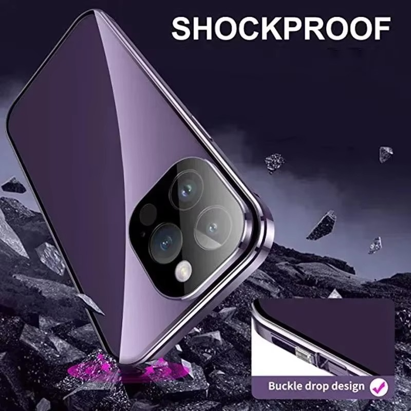 Luxury iPhone Case — Metal Magnetic Privacy Tempered Glass Cover with 360° Shockproof Full Coverage, Anti-Scratch, Non-Slip, Lightweight Design