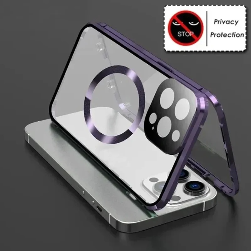 Luxury iPhone Case — Metal Magnetic Privacy Tempered Glass Cover with 360° Shockproof Full Coverage, Anti-Scratch, Non-Slip, Lightweight Design
