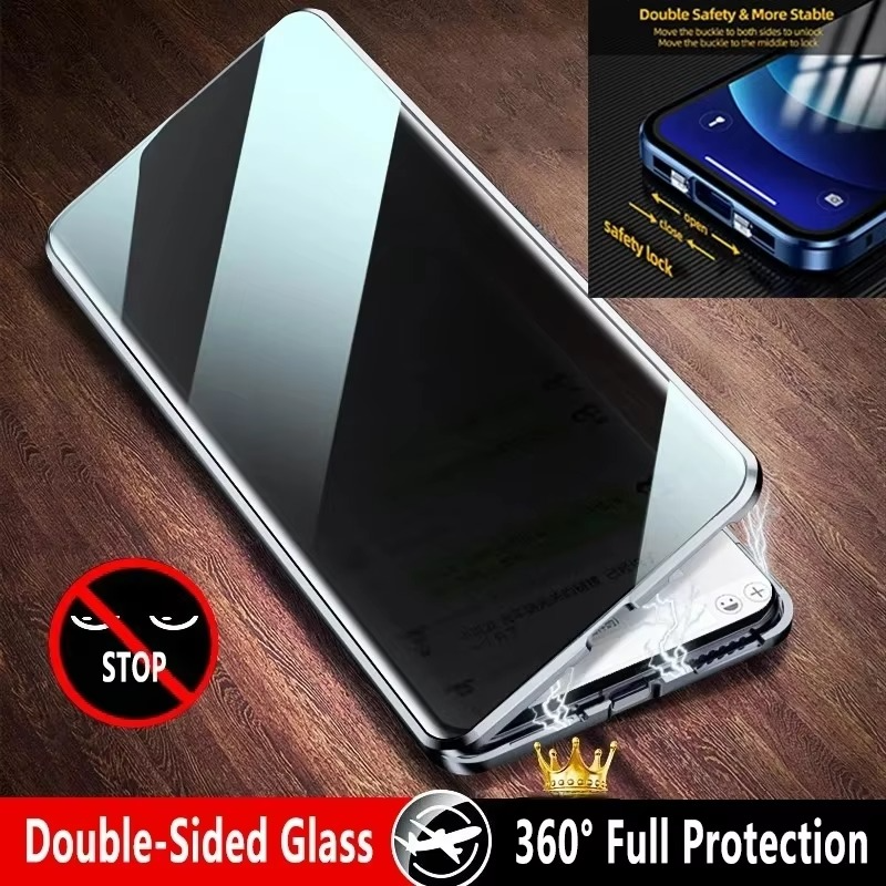 Luxury iPhone Case — Metal Magnetic Privacy Tempered Glass Cover with 360° Shockproof Full Coverage, Anti-Scratch, Non-Slip, Lightweight Design