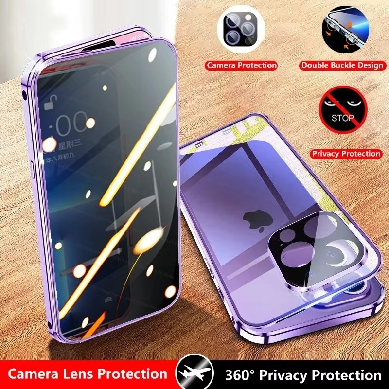 Luxury iPhone Case — Metal Magnetic Privacy Tempered Glass Cover with 360° Shockproof Full Coverage, Anti-Scratch, Non-Slip, Lightweight Design