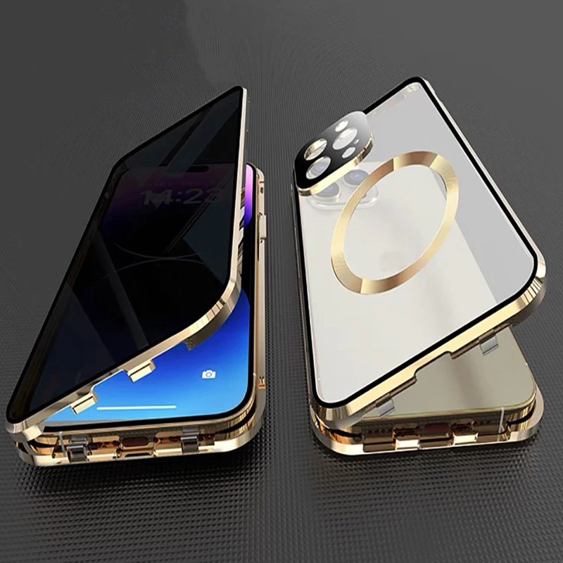 Luxury iPhone Case — Metal Magnetic Privacy Tempered Glass Cover with 360° Shockproof Full Coverage, Anti-Scratch, Non-Slip, Lightweight Design