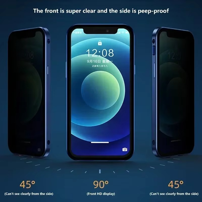 Luxury iPhone Case — Metal Magnetic Privacy Tempered Glass Cover with 360° Shockproof Full Coverage, Anti-Scratch, Non-Slip, Lightweight Design