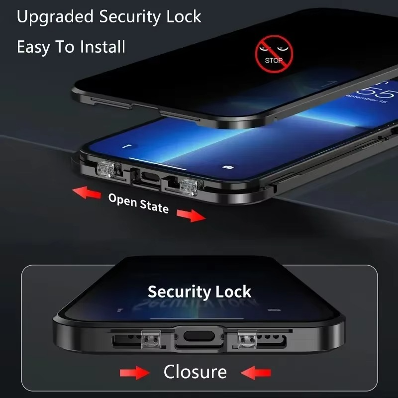 Luxury iPhone Case — Metal Magnetic Privacy Tempered Glass Cover with 360° Shockproof Full Coverage, Anti-Scratch, Non-Slip, Lightweight Design