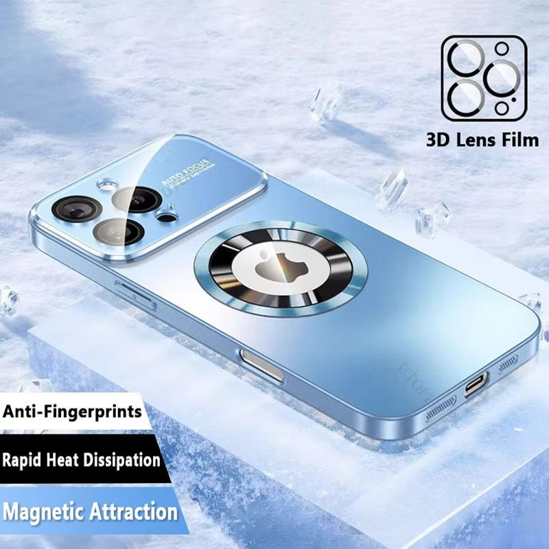 Luxury iPhone Case — Titanium Sanding Magnetic MagSafe Wireless-Charging Half-Wrapped Cover with Glass Lens Protection, Shockproof Design, Anti-Fingerprint Non-Slip Finish