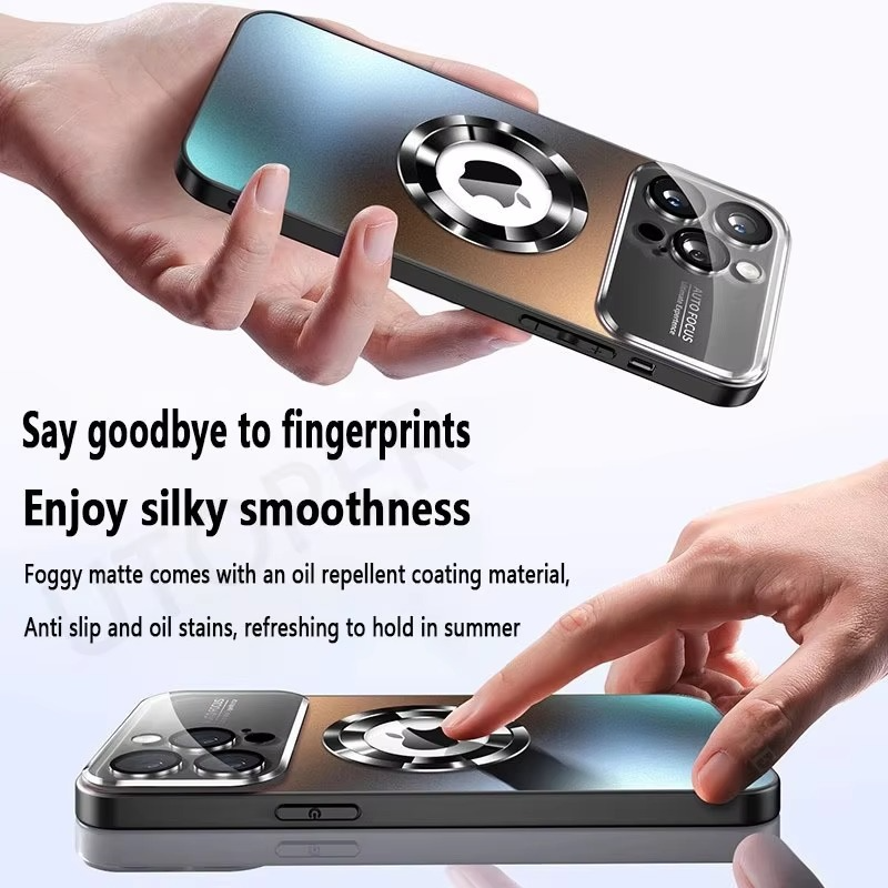 Luxury iPhone Case — Titanium Sanding Magnetic MagSafe Wireless-Charging Half-Wrapped Cover with Glass Lens Protection, Shockproof Design, Anti-Fingerprint Non-Slip Finish
