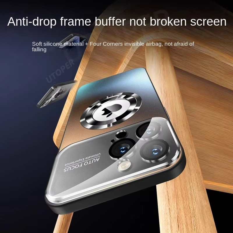 Luxury iPhone Case — Titanium Sanding Magnetic MagSafe Wireless-Charging Half-Wrapped Cover with Glass Lens Protection, Shockproof Design, Anti-Fingerprint Non-Slip Finish