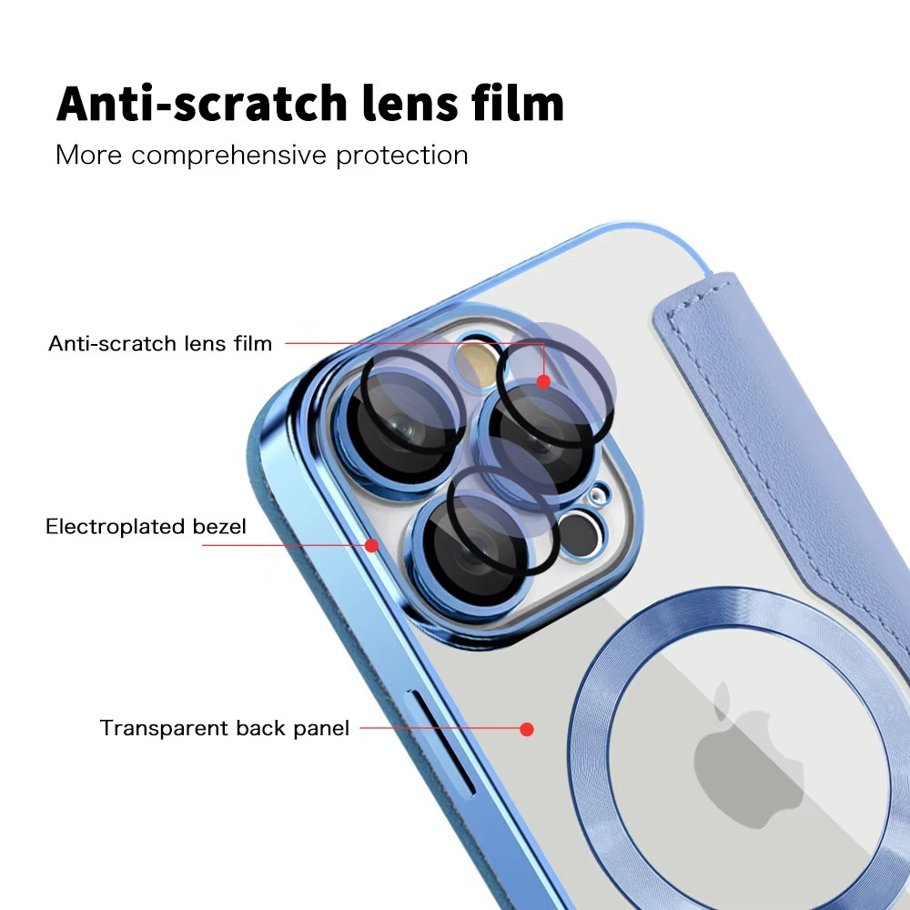 Luxury iPhone Case — Transparent Flip Leather MagSafe Compatible Magnetic Wallet Cover, Shockproof, Anti-Fingerprint, Card Holder, Kickstand, Dustproof Design
