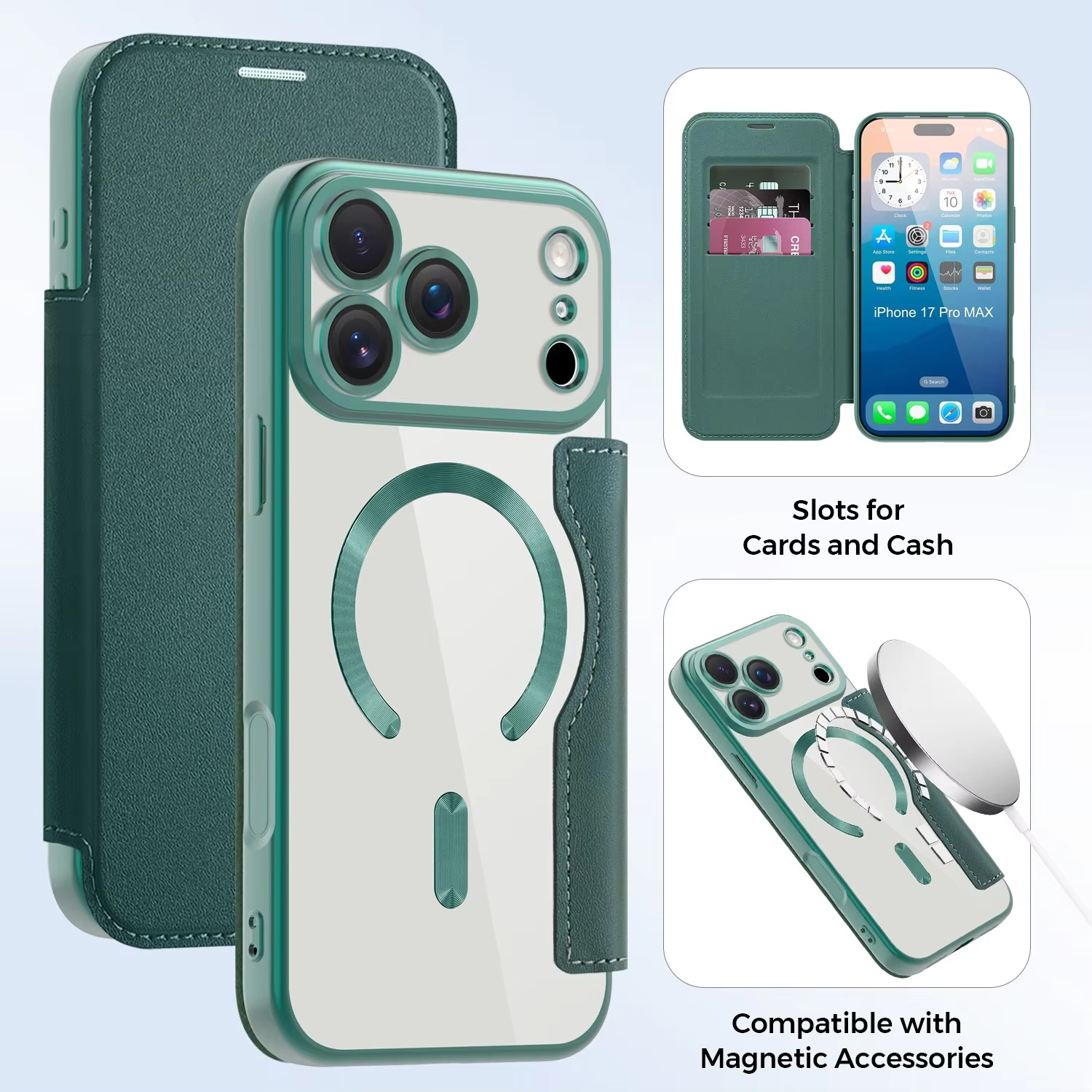 Luxury iPhone Case — Transparent Flip Leather MagSafe Compatible Magnetic Wallet Cover, Shockproof, Anti-Fingerprint, Card Holder, Kickstand, Dustproof Design