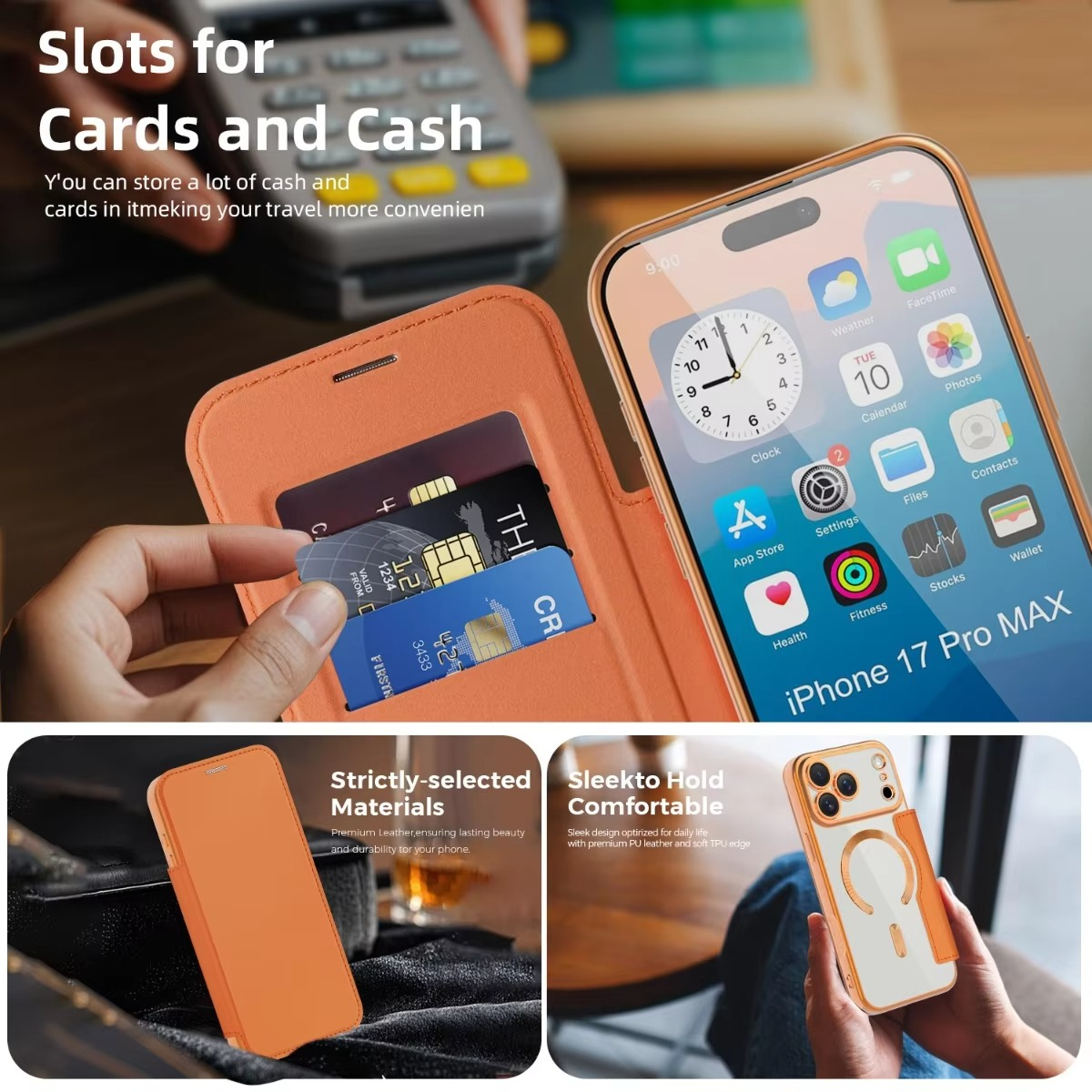 Luxury iPhone Case — Transparent Flip Leather MagSafe Compatible Magnetic Wallet Cover, Shockproof, Anti-Fingerprint, Card Holder, Kickstand, Dustproof Design