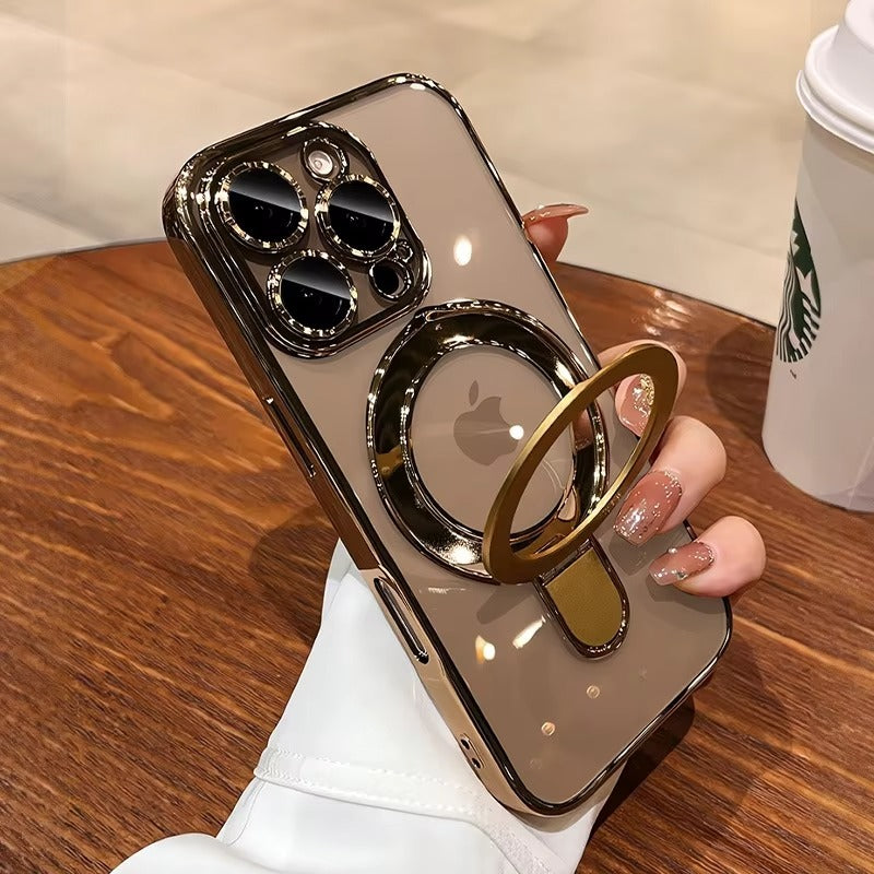 Luxury iPhone Case MagSafe Compatible Clear Acrylic Cover — Plating Finish with Magnetic Stand Holder, Lens Protector, Slim Shockproof Anti-Fingerprint Design