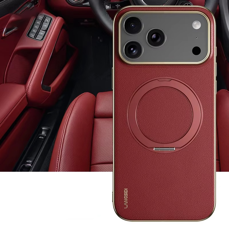 Luxury iPhone Case — Magnetic Cowhide Leather Cover with 360° Rotating Ring Holder, Full Lens Protection and Shockproof PC+TPU Design
