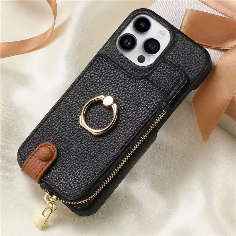 Luxury iPhone Case — Leather Zipper Wallet Cover with Card Holder Slot, Ring Kickstand, Magnetic Closure, Shockproof Drop Protection and Anti-Fingerprint Design