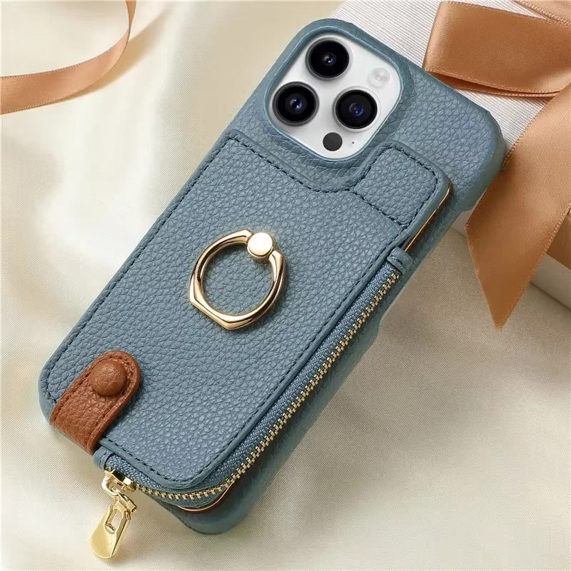Luxury iPhone Case — Leather Zipper Wallet Cover with Card Holder Slot, Ring Kickstand, Magnetic Closure, Shockproof Drop Protection and Anti-Fingerprint Design