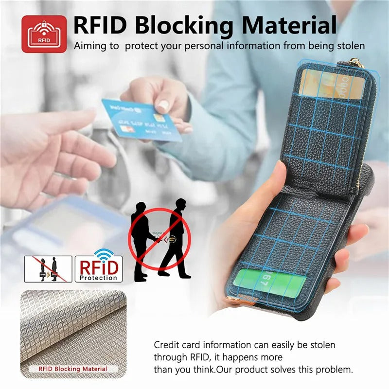 Luxury iPhone Case — Leather Zipper Wallet Cover with Card Holder Slot, Ring Kickstand, Magnetic Closure, Shockproof Drop Protection and Anti-Fingerprint Design
