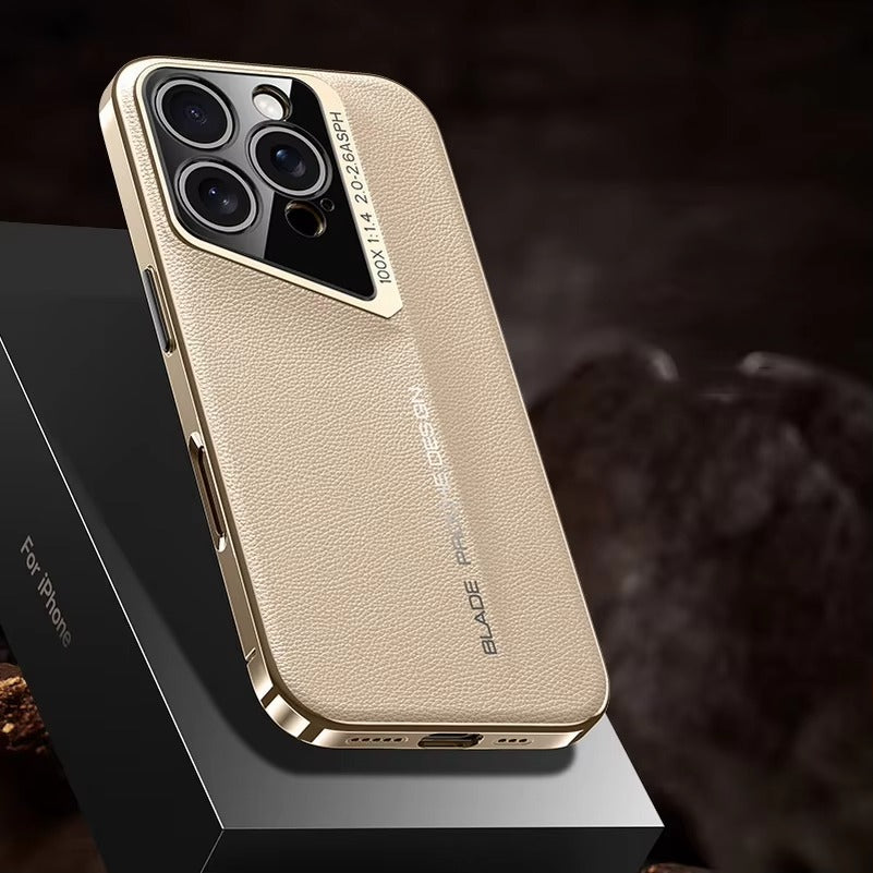 Luxury iPhone Case MagSafe Compatible Camera Lens Protection — Vegan PU Leather Cover, Electroplated Metal Frame, Slim Drop-Proof Business Style