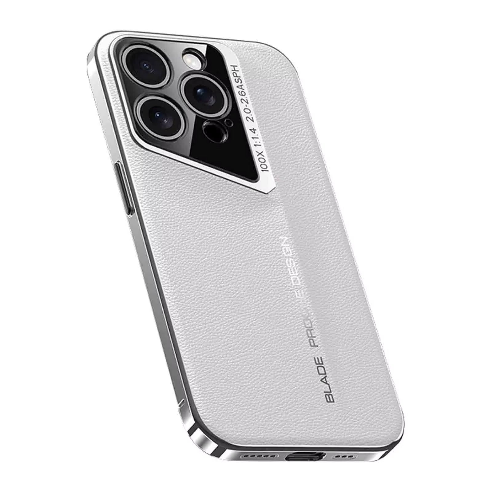 Luxury iPhone Case MagSafe Compatible Camera Lens Protection — Vegan PU Leather Cover, Electroplated Metal Frame, Slim Drop-Proof Business Style