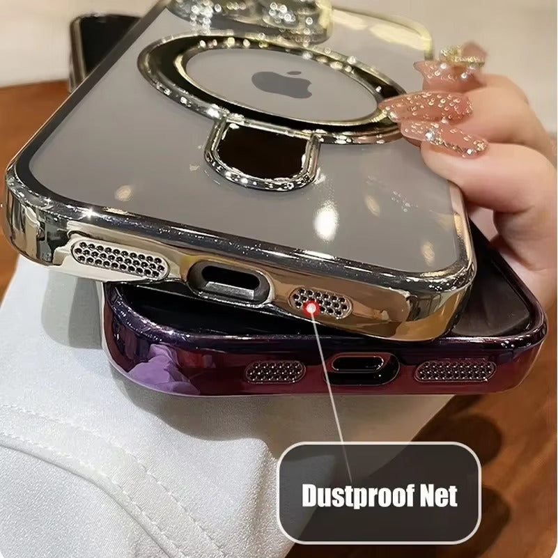 Luxury iPhone Case MagSafe Compatible Clear Acrylic Cover — Plating Finish with Magnetic Stand Holder, Lens Protector, Slim Shockproof Anti-Fingerprint Design