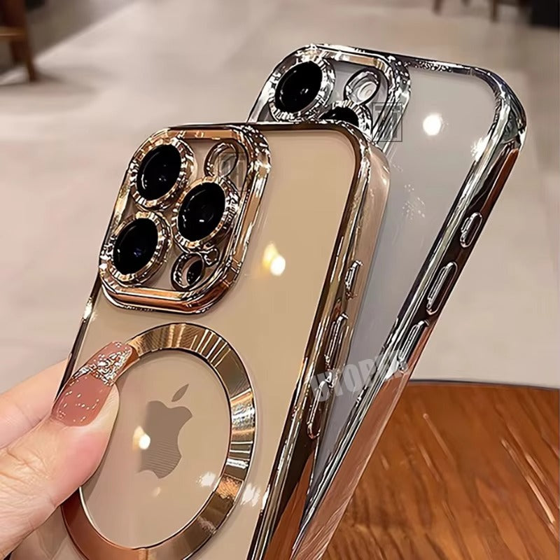 Luxury iPhone Case MagSafe Compatible Clear Back Cover — Desert Gold Frame, Magnetic Lens Protection, Soft Shockproof Design, Slim Scratch-Resistant Finish