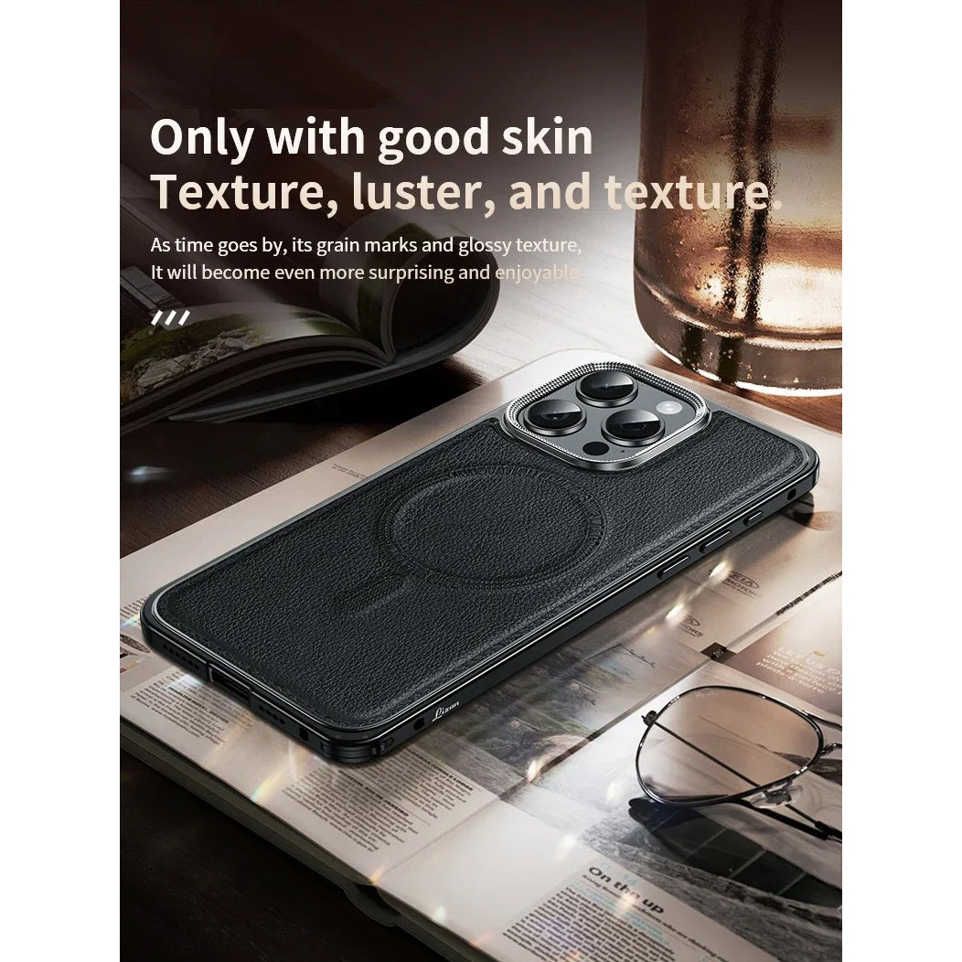 Luxury iPhone Case MagSafe Compatible Leather Back Cover — Aluminum Alloy Metal Frame, Shockproof Design, Magnetic Wireless Charging, Premium Finish