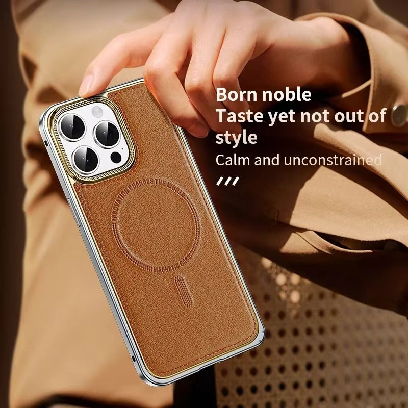Luxury iPhone Case MagSafe Compatible Leather Back Cover — Aluminum Alloy Metal Frame, Shockproof Design, Magnetic Wireless Charging, Premium Finish