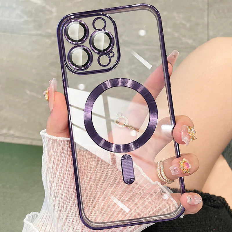 Luxury iPhone Case MagSafe Compatible Plating Clear Cover — Magnetic Wireless Charging Support, Lens Protector, Anti-Fingerprint Scratch-Resistant Design