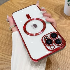 Luxury iPhone Case MagSafe Compatible Plating Clear Cover — Magnetic Wireless Charging Support, Lens Protector, Anti-Fingerprint Scratch-Resistant Design