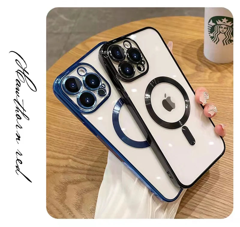 Luxury iPhone Case MagSafe Compatible Plating Clear Cover — Magnetic Wireless Charging Support, Lens Protector, Anti-Fingerprint Scratch-Resistant Design