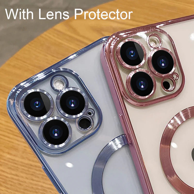 Luxury iPhone Case MagSafe Compatible Plating Clear Cover — Magnetic Wireless Charging Support, Lens Protector, Anti-Fingerprint Scratch-Resistant Design