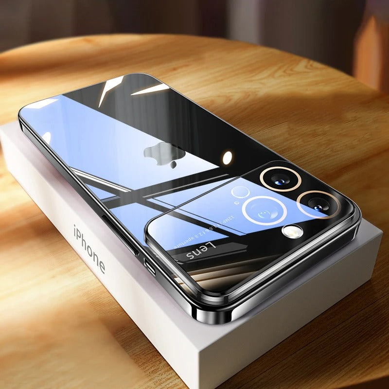 Luxury iPhone Case Tempered Glass Camera Protection — Transparent Acrylic Hard Cover, Plated Edges, Slim Shockproof Design, Scratch-Resistant Clear Finish
