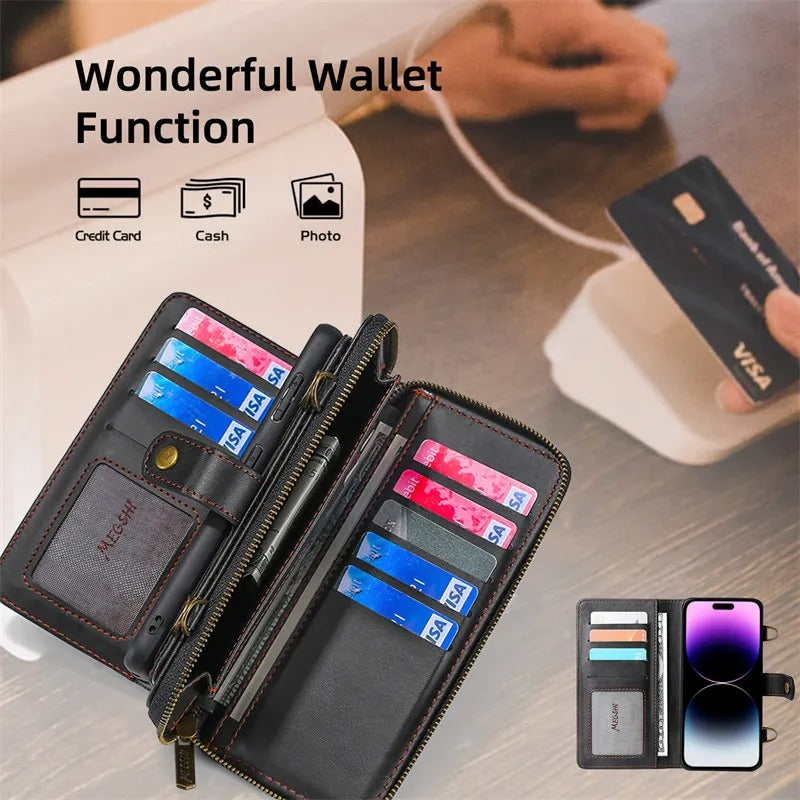 Luxury iPhone Case — 2-in-1 Detachable PU Leather Wallet Cover with Zipper Purse, Magnetic Flip Clasp, Heavy-Duty Dual-Layer Protection and Lanyard